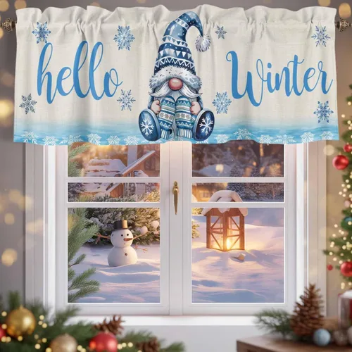 Vista 5 de Cenefa de Navidad para ventanas, cenefas de gnomo, cenefas de invierno con bolsillo para barra, tratamientos de ventana, diseño de copo de nieve