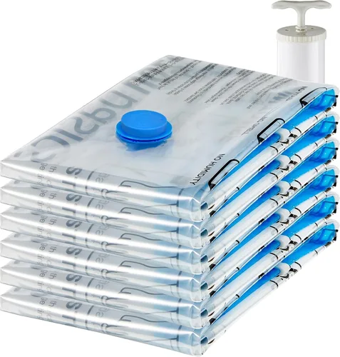 Vista 9 de Amazon Basics Bolsas de almacenamiento con cremallera de compresión al vacío con bomba de mano, medianas, transparentes, paquete de 5, blanco, azul