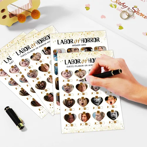 Vista 4 de Juego de baby shower de trabajo u terror, 31 tarjetas (incluyendo respuestas), fiesta de revelación de género, para mamá, papá, niños, mujeres