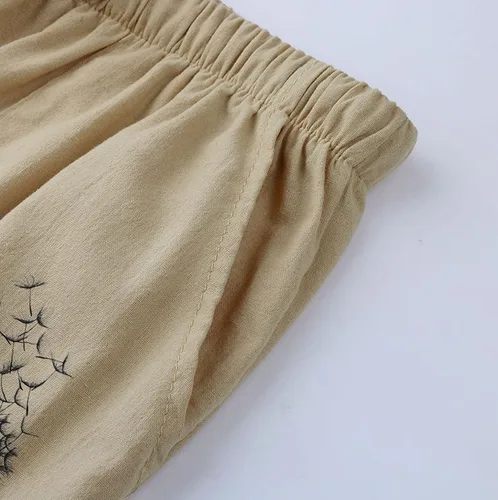 Vista 4 de Sharemen Pantalones de verano para mujer, de algodón, cómodos, de lino, con bolsillos, cintura elástica, pantalones capri casuales