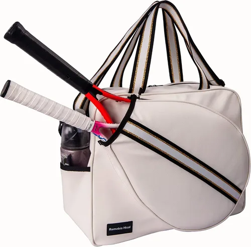 Vista 2 de Remobia Hicol Bolso deportivo grande de piel sintética blanca para mujer, bolsa de hombro para raqueta de tenis, bolsa de mano de tenis para 2