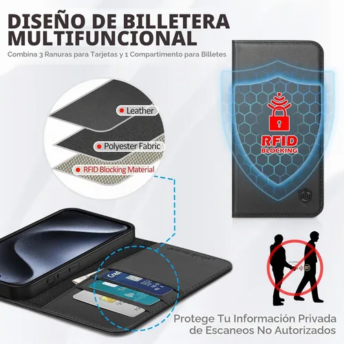 Vista 3 de SHIELDON Funda tipo cartera de piel auténtica para iPhone 15 Pro de 6.1