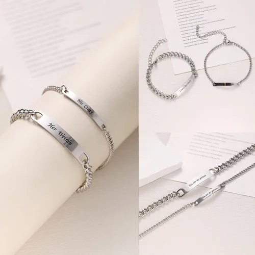 Vista 6 de Pulseras a juego, pulseras de pareja, regalos de aniversario para él y ella, novio y novia, pulseras de acero inoxidable, joyería de relación