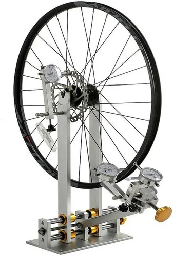 Vista 6 de Soporte de rueda para mantenimiento profesional con 3 calibres, herramientas de reparación de bicicletas, acepta ruedas de 13 a 38 pulgadas