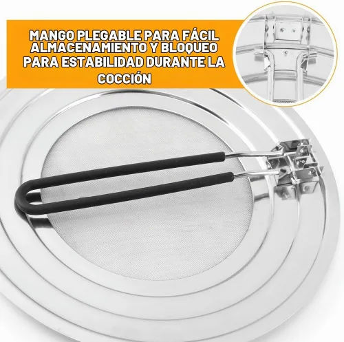 Vista 4 de Pantalla de salpicaduras de acero inoxidable para sartén, protector de salpicaduras de grasa plegable con mango aislado plegable para sartenes