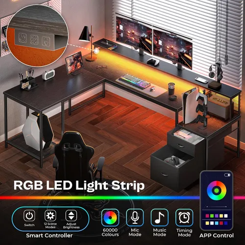Vista 3 de PRAISUN Escritorio para juegos en forma de L de 66 pulgadas con luces LED y Negro