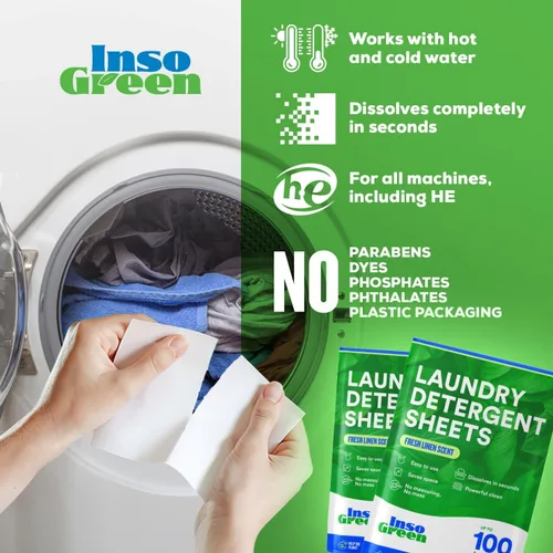Vista 4 de Eco Washer Sheets Detergent - 100 cargas, cero jarras de plástico, sin desorden y tiras de lavandería que ahorran espacio, detergente para ropa