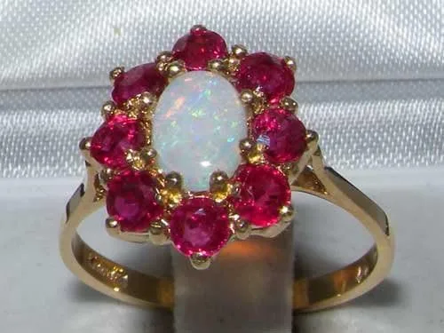 Vista 2 de Anillo de oro amarillo de 14 quilates con ópalo auténtico y rubí para mujer