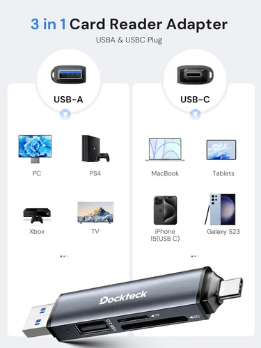 Vista 5 de Dockteck Lector de Tarjetas SD, Lector de Tarjetas SD/TF de Super Velocidad 5G USB3.0, Lector de Tarjetas de Memoria de 3 Ranuras USB A/C a SD/Micro
