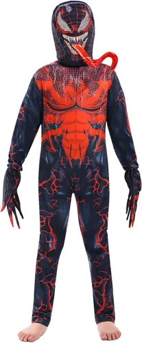Vista 3 de PUNKSUIT Disfraz de superhéroe para niños, overol de cosplay de Halloween, enterizo de elastano 3D con máscara de lengua, guantes