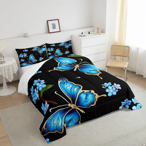 Vista 4 de Erosebridal Juego de edredón de mariposa tamaño individual, diseño de flores azules, acuarela, mariposa, floral, para niños, niñas, jóvenes