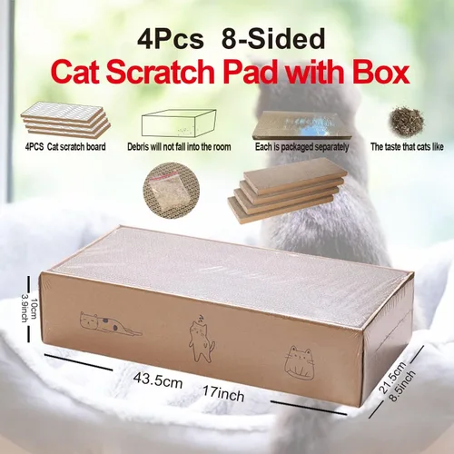 Vista 2 de 4 paquetes en 1 almohadilla para arañazos para gatos con caja, cartón rascador para gatos, cartón reciclable reversible, duradero, adecuado para que