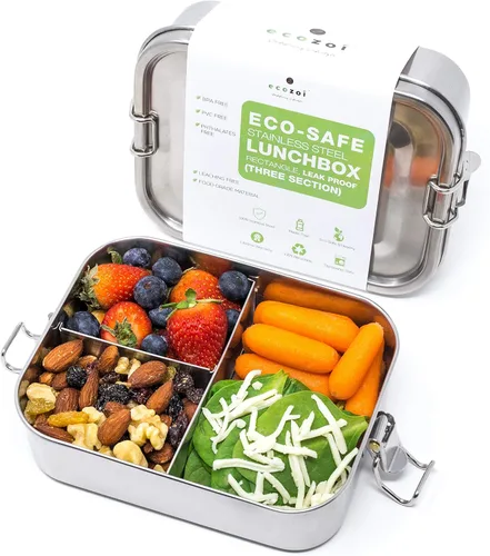 Vista 6 de ecozoi Lonchera Bento de acero inoxidable, 50 onzas, lonchera de 2 compartimentos con divisor extraíble y mini cápsula de salsa, a prueba de fugas