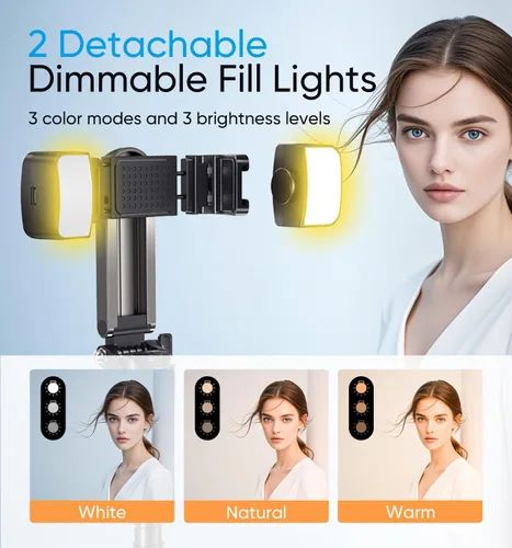 Vista 3 de MAGIC JOHN Trípode para teléfono, palo de selfie portátil, trípode de bolsillo para iPhone, palo selfie con control remoto desmontable y 2 luces