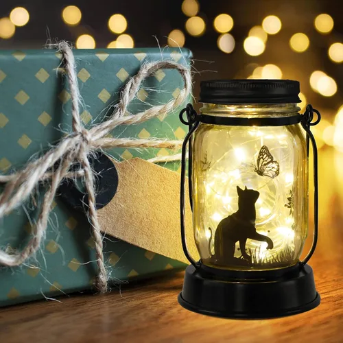 Vista 7 de kyoryuger Paquete de 2 faroles solares de gatos, regalos de Navidad para amantes de los gatos, mujeres, mamá, abuela, farol conmemorativo, estaca