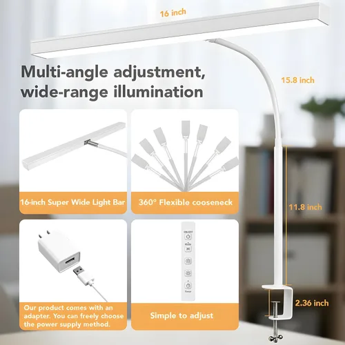 Vista 3 de Lámpara de escritorio LED para oficina y hogar, lámpara para el cuidado de los ojos con función de control remoto de 10 metros, 5 modos, 10 niveles