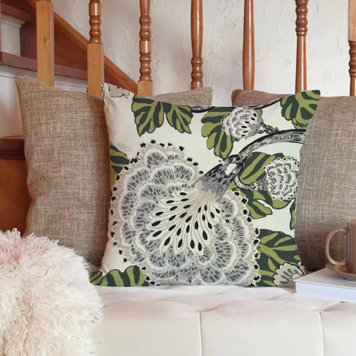 Vista 8 de ArogGeld Funda de cojín con flores verdes y blancas con flores grises y negras y hojas verdes en estilo chinoiserie, funda de almohada cuadrada