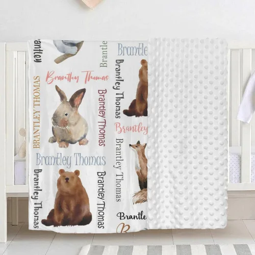 Vista 4 de Manta de bebé personalizada con nombre, manta de felpa de doble capa con respaldo punteado, manta de bebé niño recién nacido, suave animales