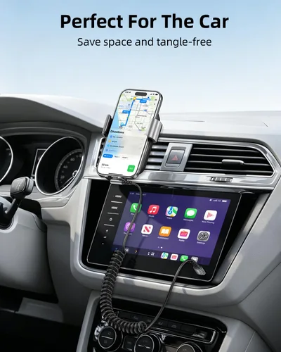 Vista 3 de Cable USB C en espiral, cable de coche USB C a USB C en ángulo recto corto