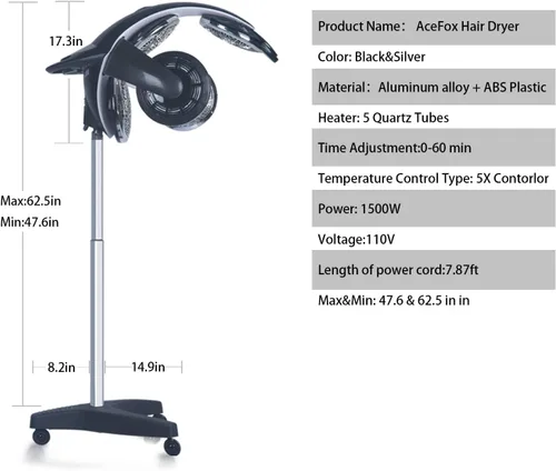 Vista 2 de Secador de pelo infrarrojo mejorado con calefacción envolvente de 360 grados, 5 calentadores de secado rápido, procesador de pie para salón 5 modos