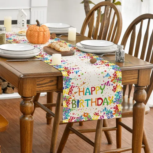 Vista 3 de Artoid Mode Camino de mesa de feliz cumpleaños, regalos de lunares, sombreros de cocina, decoración de mesa de comedor para exteriores y fiestas