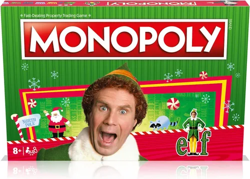 Vista 4 de Winning Moves Juego de mesa de monopolio elfo, elige tu ficha festiva y avanza al taller de Papá Noel y al edificio Empire State, ahorra Navidad
