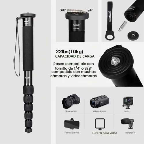 Vista 2 de Koolehaoda Monopod de cámara de 61", aluminio 6-Sección portátil de viaje Negro