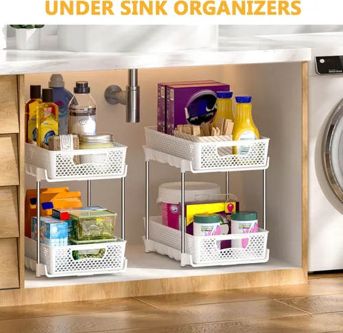 Vista 7 de DABIGE Paquete de 2 organizadores de baño extraíbles y almacenamiento, organizador de almacenamiento apilable de 2 niveles para baño, gabinete