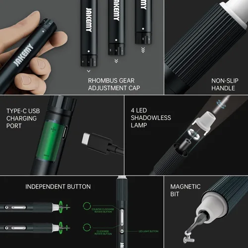 Vista 2 de Mini destornillador eléctrico, JAKEMY destornillador de potencia de par ajustable de doble modo, destornillador de precisión magnético inalámbrico