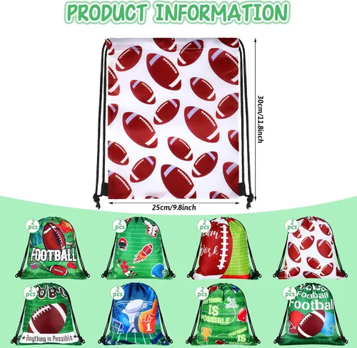 Vista 3 de Woanger 16 bolsas de fiesta de fútbol, 8 estilos con cordón, bolsas de regalo de fútbol con estampado de tela, dulces, aperitivos, mochilas