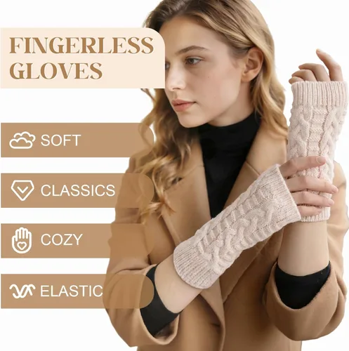 Vista 5 de Loritta Guantes sin dedos para mujer, calentadores de brazos con orificio para el pulgar de invierno de punto y ganchillo A1-beige/gris claro/gris
