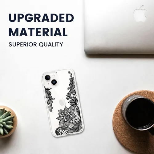 Vista 7 de Compatible con iPhone 13, funda protectora de encaje negro transparente con flores florales a prueba de golpes, parte trasera dura, delgada, bonita