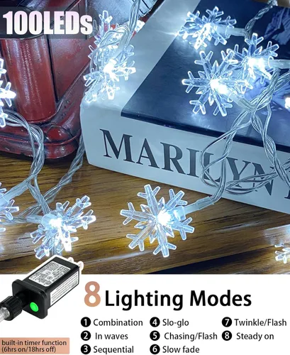 Vista 2 de 100 luces LED de copo de nieve, luces de cadena de hadas de copo de nieve de 32 pies, 8 modos con enchufe, luces de cadena de Navidad, luz