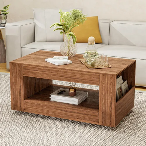 Vista 14 de Mesa de centro de grano de madera con estante abierto, mesa de cóctel moderna de alto brillo para sala de estar, dormitorio, oficina