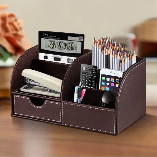Vista 3 de Organizador de escritorio, organizador de escritorio de piel sintética y accesorios, suministros de oficina, almacenamiento multifuncional con 6