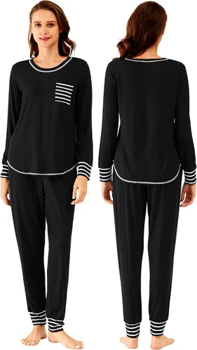 Vista 4 de WiWi Conjunto de pijama de viscosa de bambú para mujer, ropa de dormir de manga larga, suave, ropa de descanso, pantalones deportivos, conjuntos