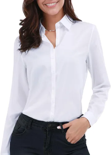 Vista 7 de Camisas básicas de manga larga con botones para mujer, de talla grande, simples, elásticas, camisas formales casuales