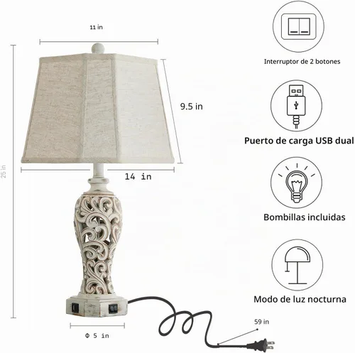 Vista 5 de Lámpara de mesa de granja de 25 pulgadas para sala de estar y dormitorio, lámpara de noche de diseño rústico vintage con 2 puertos USB y luz