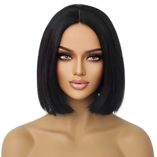 Vista 4 de Pelucas de cabello negro corto y lacio negro para mujer, peluca de cosplay con parte lateral, resistente al calor, pelucas sintéticas de aspecto