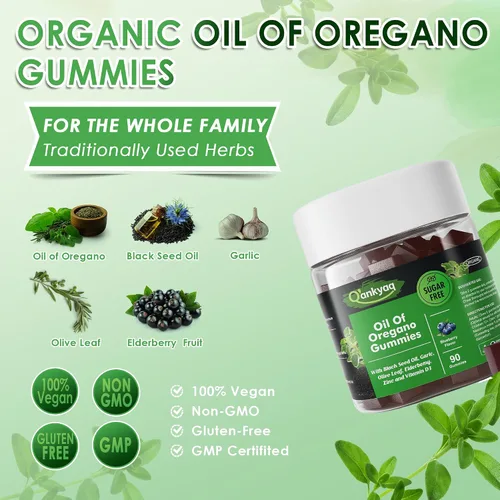 Vista 2 de Gomitas orgánicas de aceite de orégano con aceite de semilla negra para niños y adultos Suplemento de aceite de orégano 6 en 1 Carvacrol +