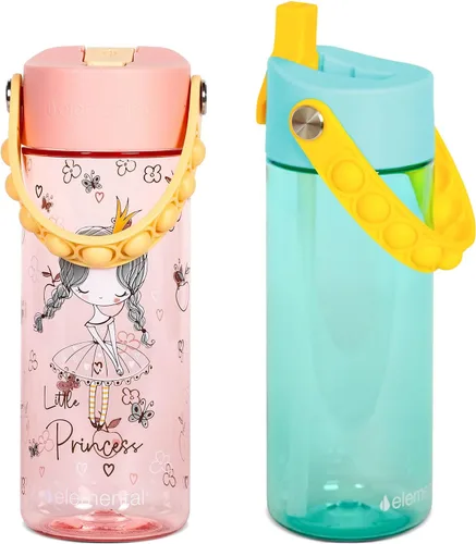 Vista 17 de Elemental Botellas de agua para niños – Botella de agua para niños Splash para la escuela con mango Pop-it – Botella de agua de plástico Tritan sin