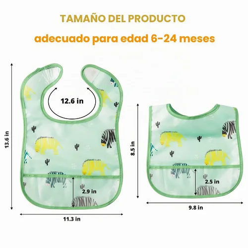 Vista 2 de 6 piezas de baberos impermeables para niños pequeños con bolsillo recogemigas, juego de baberos para bebés con ajuste para dientes de leche, baberos