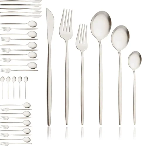 Vista 16 de JASHII Juego de cubiertos mate de 36 piezas con mango plano acabado satinado negro acero inoxidable cubiertos servicio para 6 para cocina casera