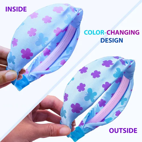 Vista 5 de FROG SAC Diadema de nudo azul que cambia de color para niñas, diademas de mariposa para niños, lindas bandas de pelo de flores anudadas de satén