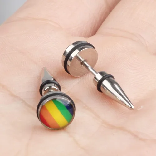 Vista 3 de Pendientes de tuerca de acero inoxidable 316L con orgullo gay lesbiano arco iris, triángulo redondo LGBT, aretes de tuerca de arco iris a la moda