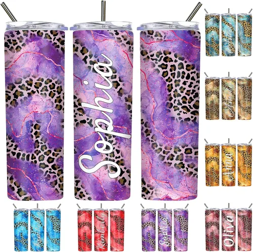 Vista 20 de Vasos personalizados con estampado de leopardo con tapas y pajitas, vasos delgados personalizados de 20 onzas con nombres para mujeres y hombres