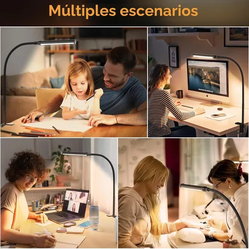 Vista 4 de Lámpara de escritorio LED ShineTech con abrazadera, 3000K Blanco Cálido, 11 niveles de brillo, luces de pinza para el cuidado de los ojos para hogar