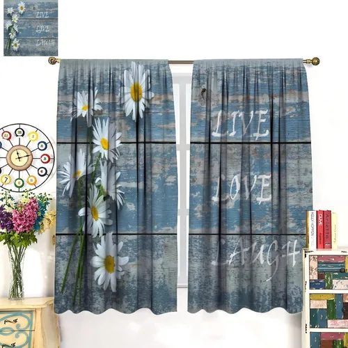 Vista 3 de Cortinas de cocina rústicas y florales, estilo retro, estilo granja, cabaña, casa de campo, margaritas, estilo granja, ventana, puerta