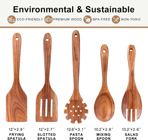 Vista 3 de Juego de 5 cucharas de madera para cocinar, espátulas de madera de teca, espátulas ranuradas para utensilios de cocina antiadherentes, cuchara