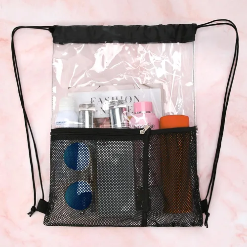 Vista 7 de Paquete de 2 bolsas transparentes con cordón aprobadas para estadios, mochila transparente de PVC con cordón, Negro -, Bolso de cordón transparente